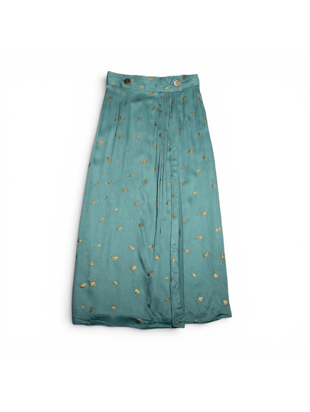 Vintage 80s Jeanne Marc Rayon Gold Print Teal Rayon Wrap Midi Skirt Small